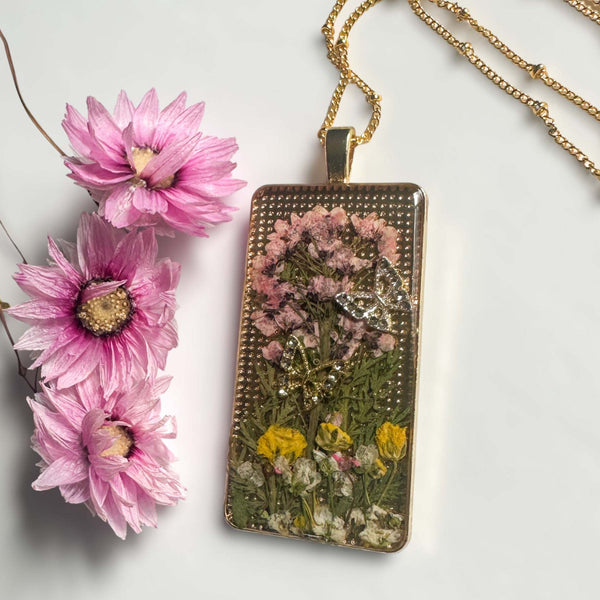 Enchanted Butterfly Garden Necklace  - Handmade Pressed Flower Pendant