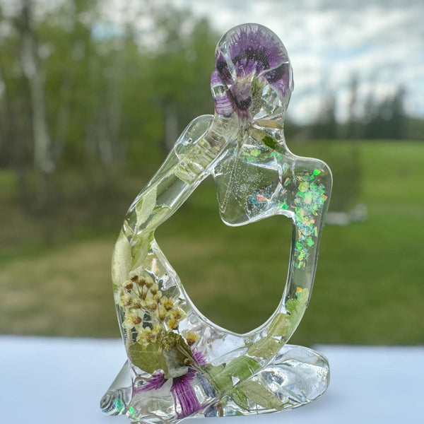 Floral Fusion Sculpture - Handmade Resin Thinker with Dried Flowers