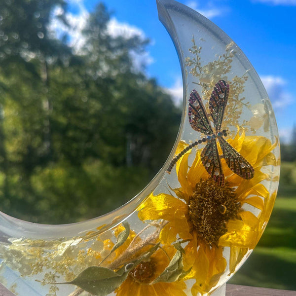 Sunflower Moon - Handmade Resin Moon with Real Flowers & Dragonfly
