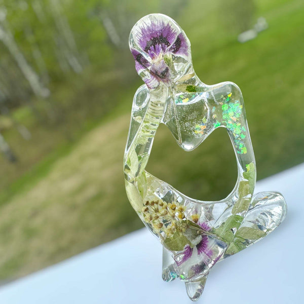 Floral Fusion Sculpture - Handmade Resin Thinker with Dried Flowers