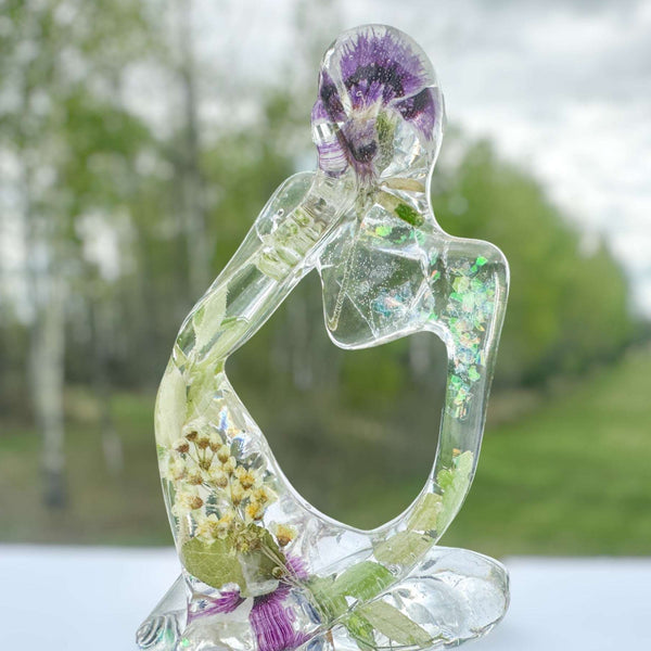 Floral Fusion Sculpture - Handmade Resin Thinker with Dried Flowers