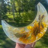 Sunflower Moon - Handmade Resin Moon with Real Flowers & Dragonfly