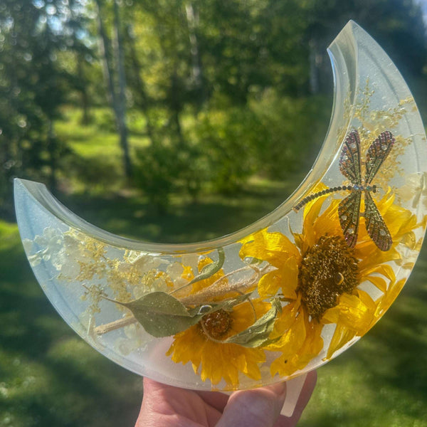 Sunflower Moon - Handmade Resin Moon with Real Flowers & Dragonfly