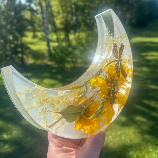 Sunflower Moon - Handmade Resin Moon with Real Flowers & Dragonfly