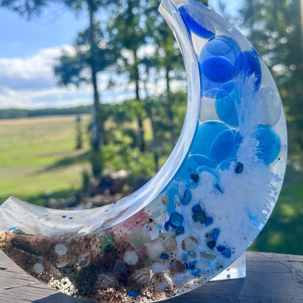 Ocean Moon – Handmade Resin Moon with Sand, Shells & Waves