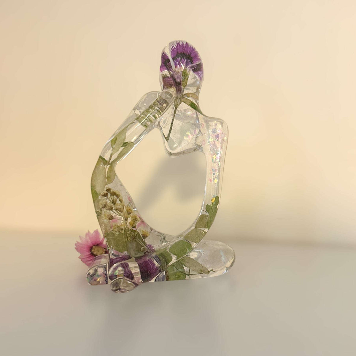 Floral Fusion Sculpture - Handmade Resin Thinker with Dried Flowers