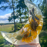 Sunflower Moon - Handmade Resin Moon with Real Flowers & Dragonfly
