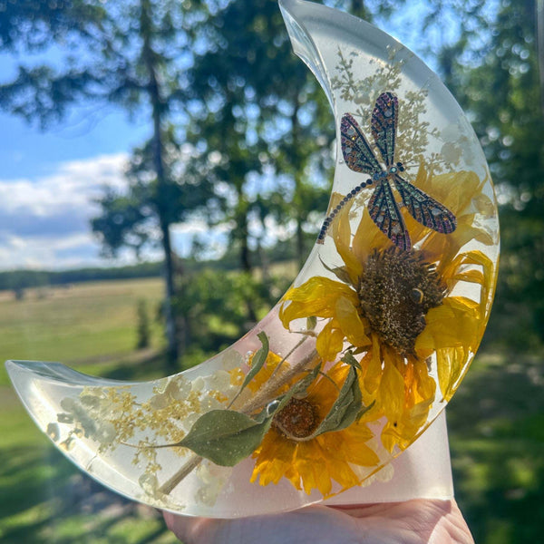 Sunflower Moon - Handmade Resin Moon with Real Flowers & Dragonfly