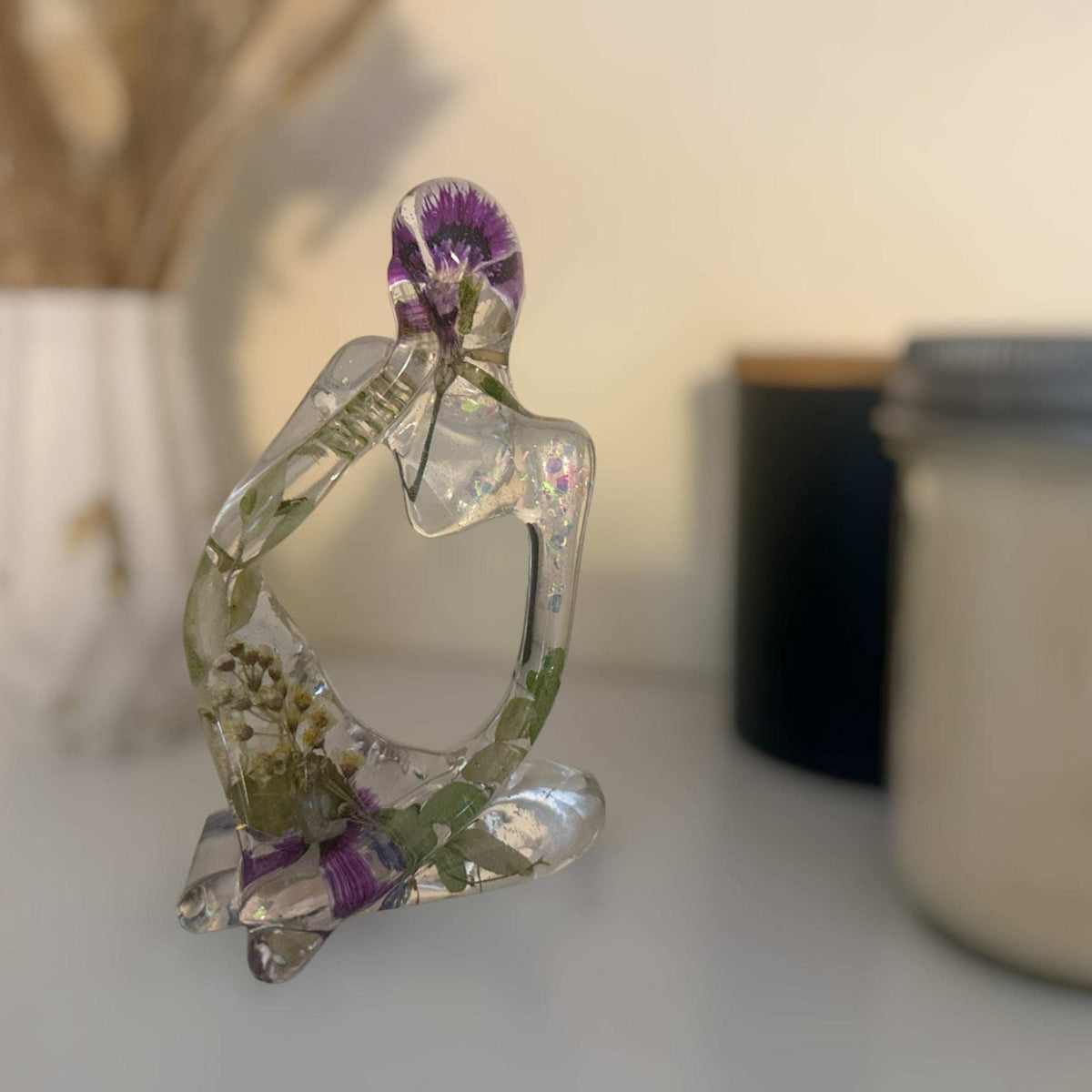 Floral Fusion Sculpture - Handmade Resin Thinker with Dried Flowers