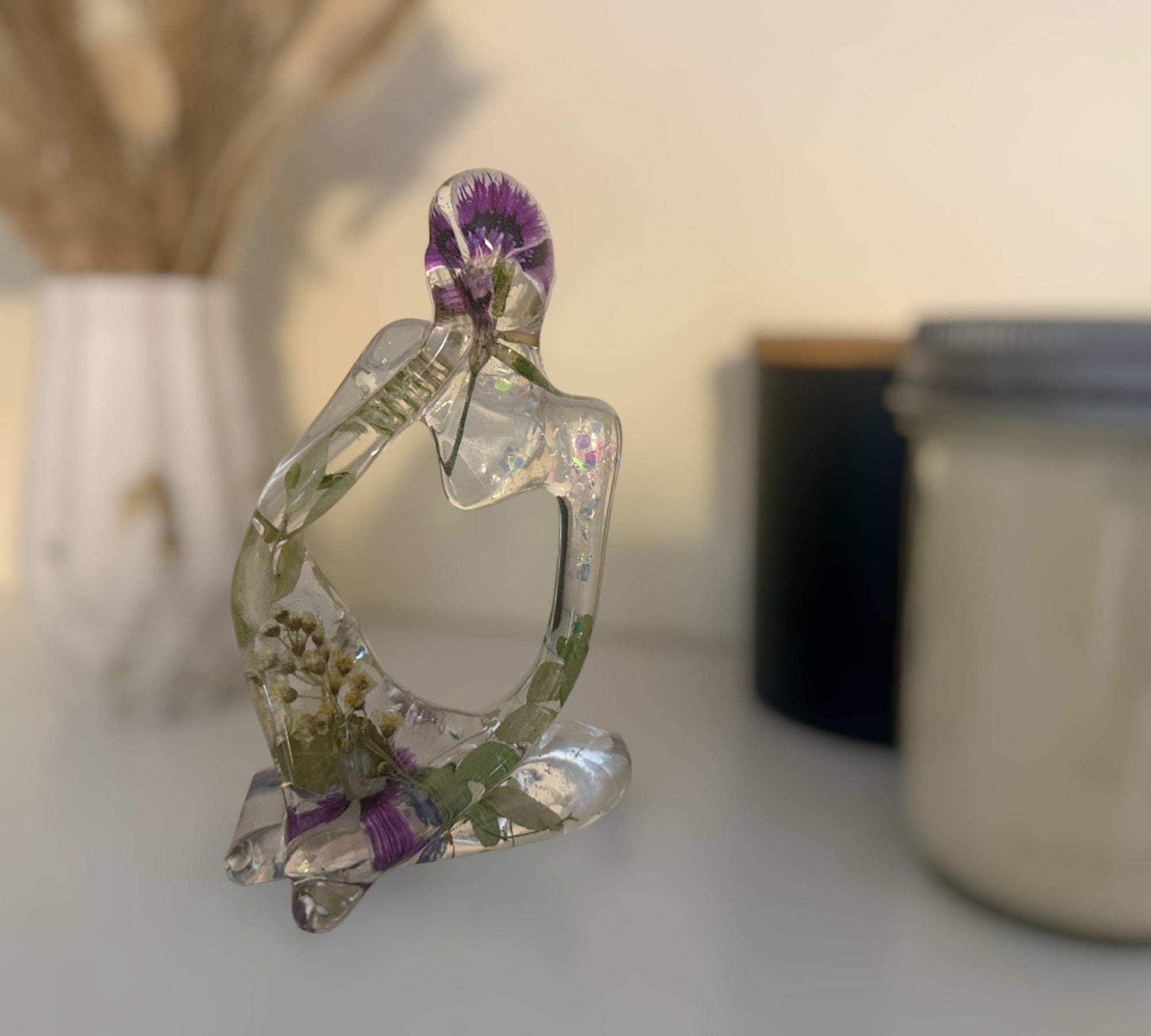 Floral Fusion Sculpture - Handmade Resin Thinker with Dried Flowers