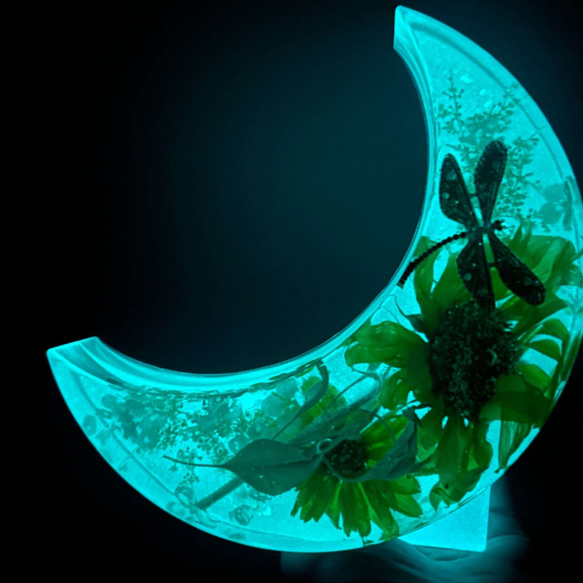 Sunflower Moon - Handmade Resin Moon with Real Flowers & Dragonfly