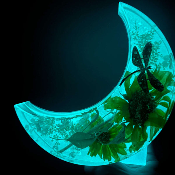 Sunflower Moon - Handmade Resin Moon with Real Flowers & Dragonfly