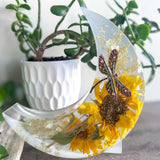 Sunflower Moon - Handmade Resin Moon with Real Flowers & Dragonfly