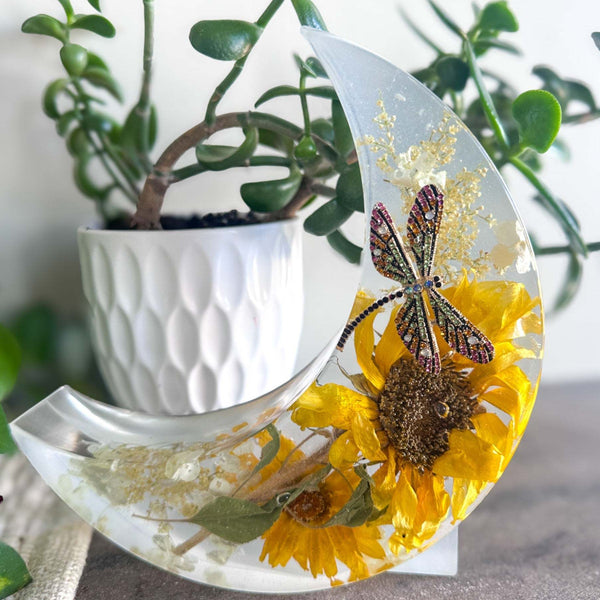 Sunflower Moon - Handmade Resin Moon with Real Flowers & Dragonfly