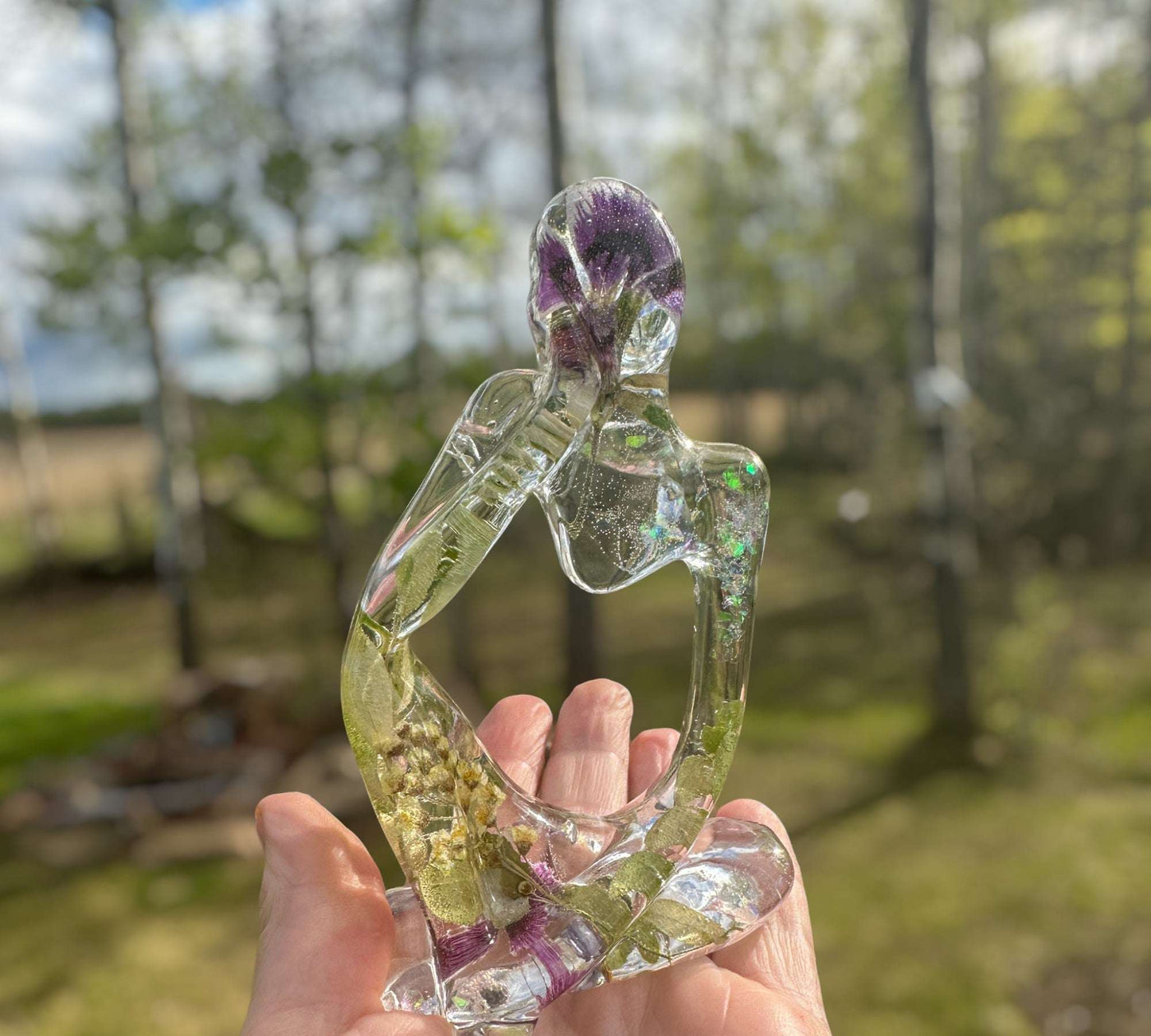 Floral Fusion Sculpture - Handmade Resin Thinker with Dried Flowers