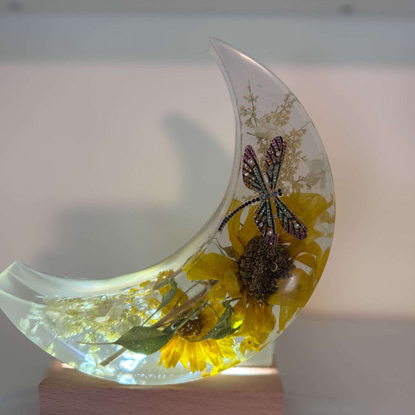Sunflower Moon - Handmade Resin Moon with Real Flowers & Dragonfly