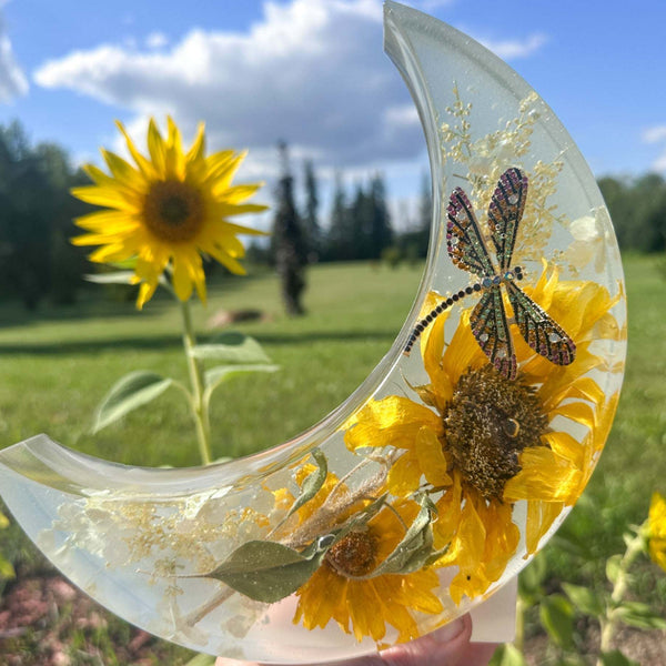 Sunflower Moon - Handmade Resin Moon with Real Flowers & Dragonfly
