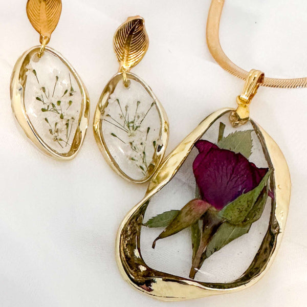 Everlasting Rose Jewelry Set - Handmade Botanical Resin Floral Set