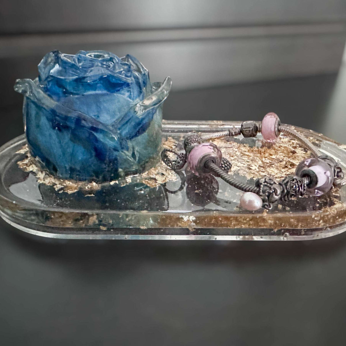 Blue Rose Bloom Tray: Handmade Everlasting Blue Rose Resin Tray