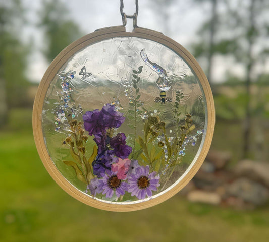 Whimsical Glow-in-the-Dark Floral Suncatcher with Real Pressed Flowers