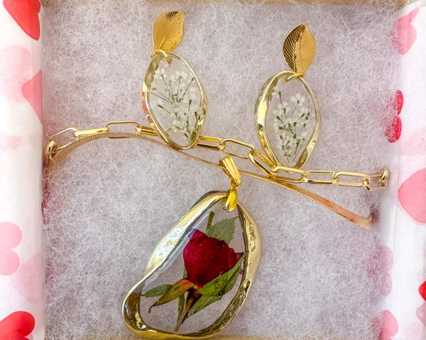 Everlasting Rose Jewelry Set - Handmade Botanical Resin Floral Set