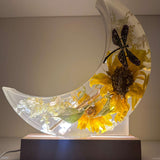 Sunflower Moon - Handmade Resin Moon with Real Flowers & Dragonfly