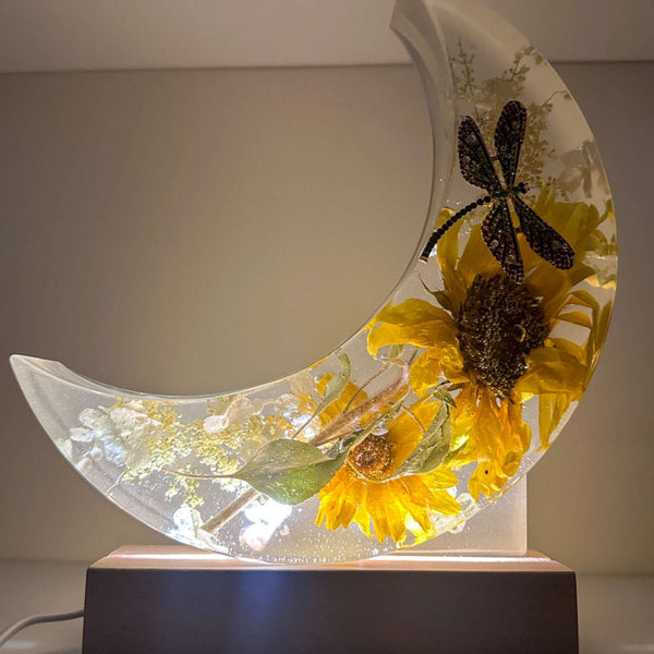 Sunflower Moon - Handmade Resin Moon with Real Flowers & Dragonfly