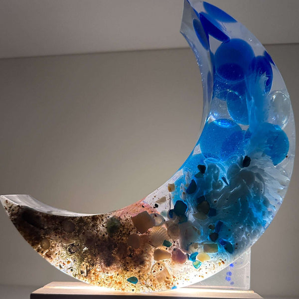 Ocean Moon – Handmade Resin Moon with Sand, Shells & Waves