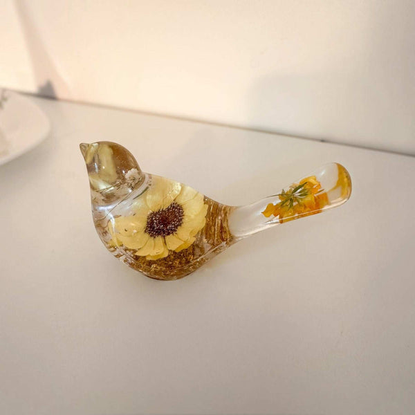 Sunflower Sunny Songbird - Handmade Pressed Flower Resin Bird Decor