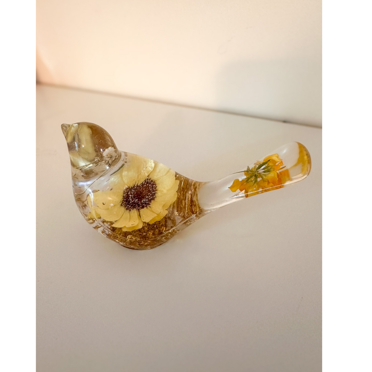 Sunflower Sunny Songbird - Handmade Pressed Flower Resin Bird Decor