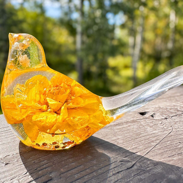 Golden Dahlia Songbird resin decor with real yellow dahlia and white baby breath flowers