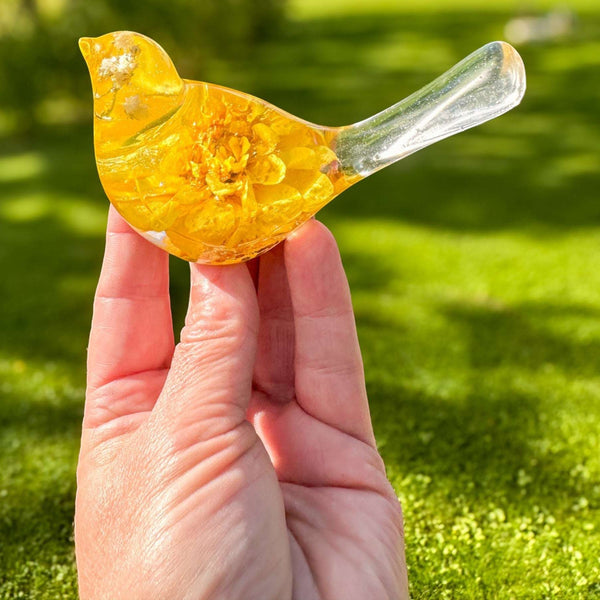Golden Dahlia Songbird resin decor with real yellow dahlia and white baby breath flowers