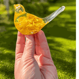 Golden dahlia songbird resin decor with real yellow dahlia and white baby breath flowers