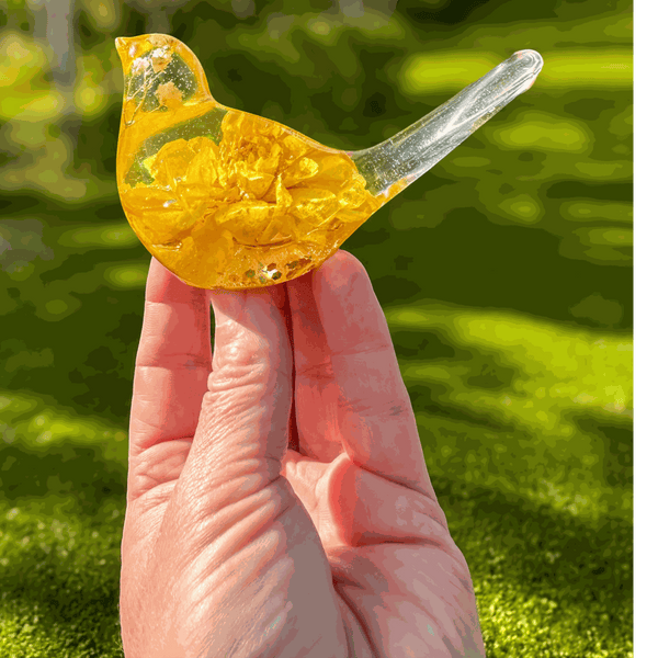 Golden dahlia songbird resin decor with real yellow dahlia and white baby breath flowers