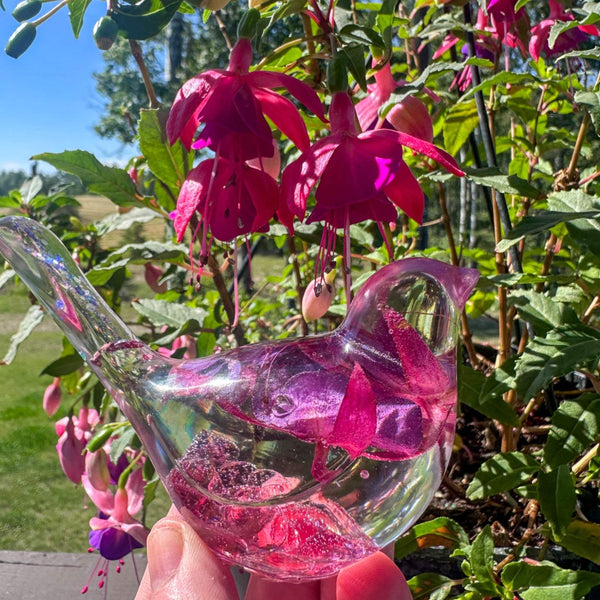 Fuchsia Floral Resin Bird - Handmade Bird with Real Fuchsia Flowers