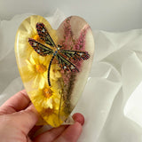 Enchanted Garden Heart - Resin Decor with Dragonfly & Real Flowers