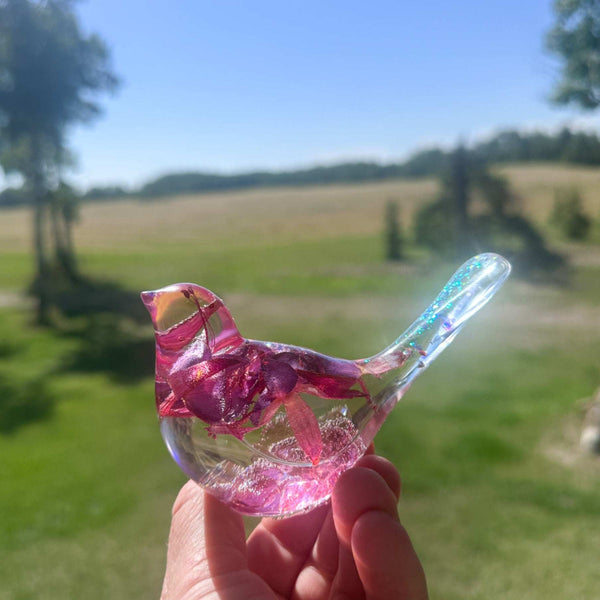 Fuchsia Floral Resin Bird - Handmade Bird with Real Fuchsia Flowers
