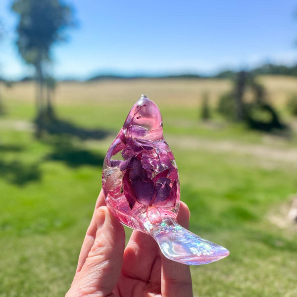 Fuchsia Floral Resin Bird - Handmade Bird with Real Fuchsia Flowers