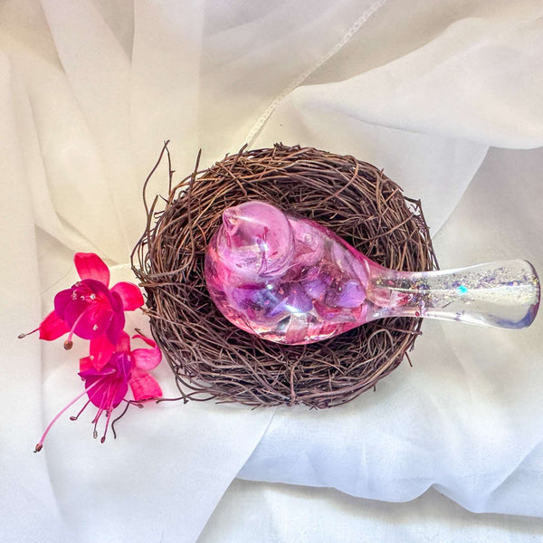 Fuchsia Floral Resin Bird - Handmade Bird with Real Fuchsia Flowers