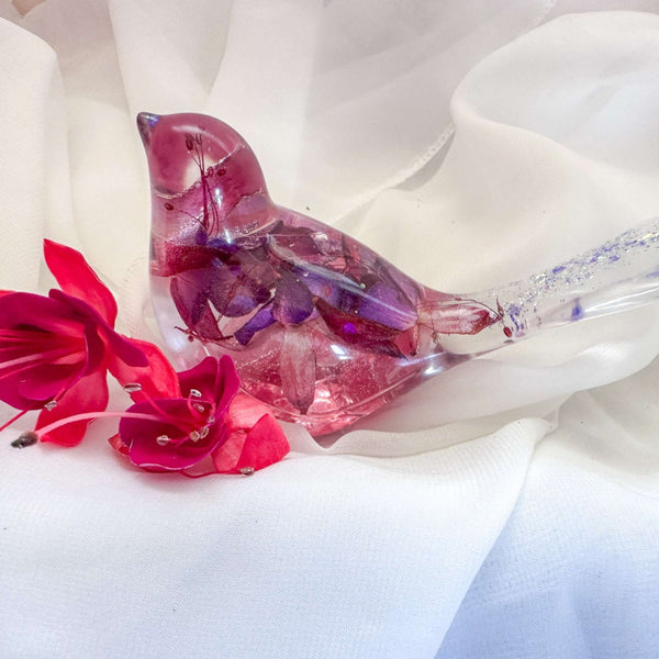 Fuchsia Floral Resin Bird - Handmade Bird with Real Fuchsia Flowers