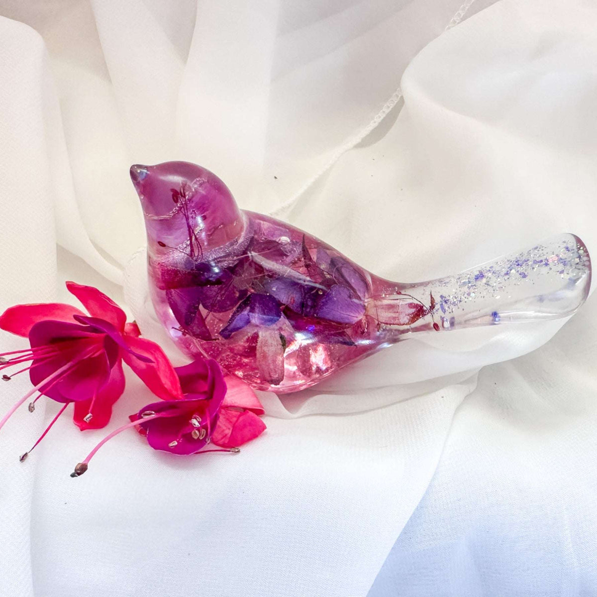 Fuchsia Floral Resin Bird - Handmade Bird with Real Fuchsia Flowers