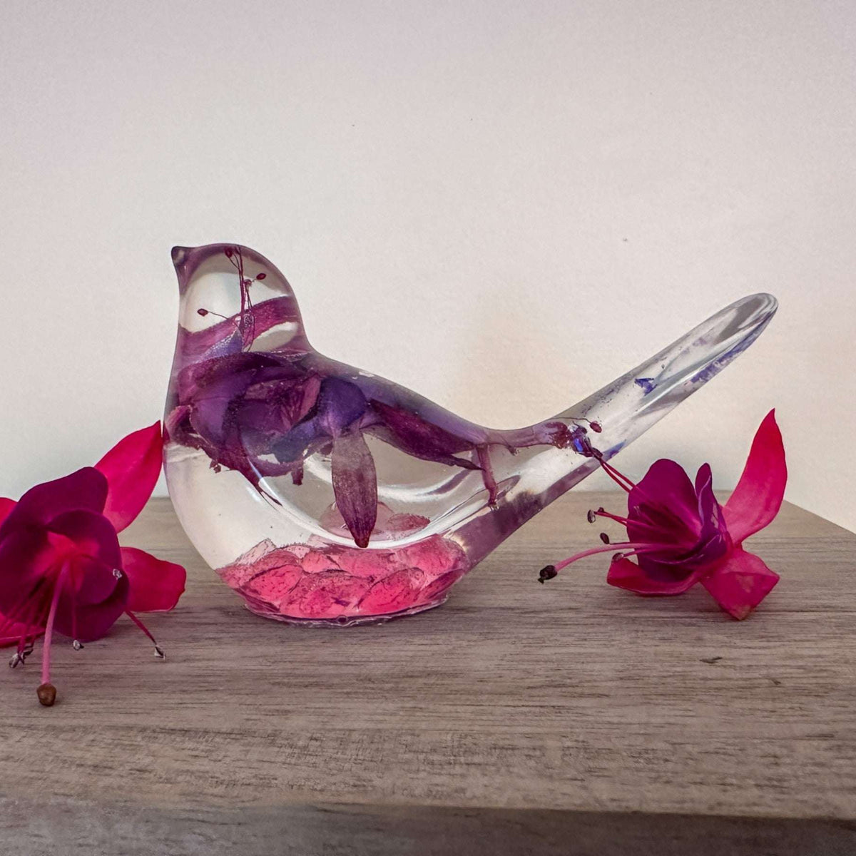 Fuchsia Floral Resin Bird - Handmade Bird with Real Fuchsia Flowers