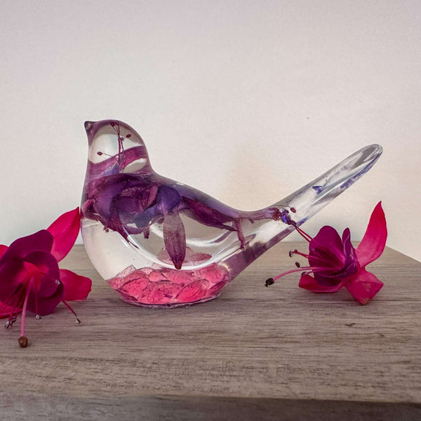 Fuchsia Floral Resin Bird - Handmade Bird with Real Fuchsia Flowers