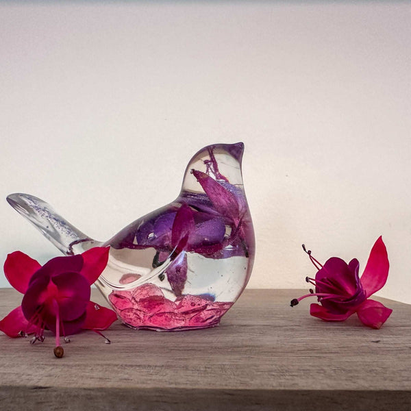 Fuchsia Floral Resin Bird - Handmade Bird with Real Fuchsia Flowers