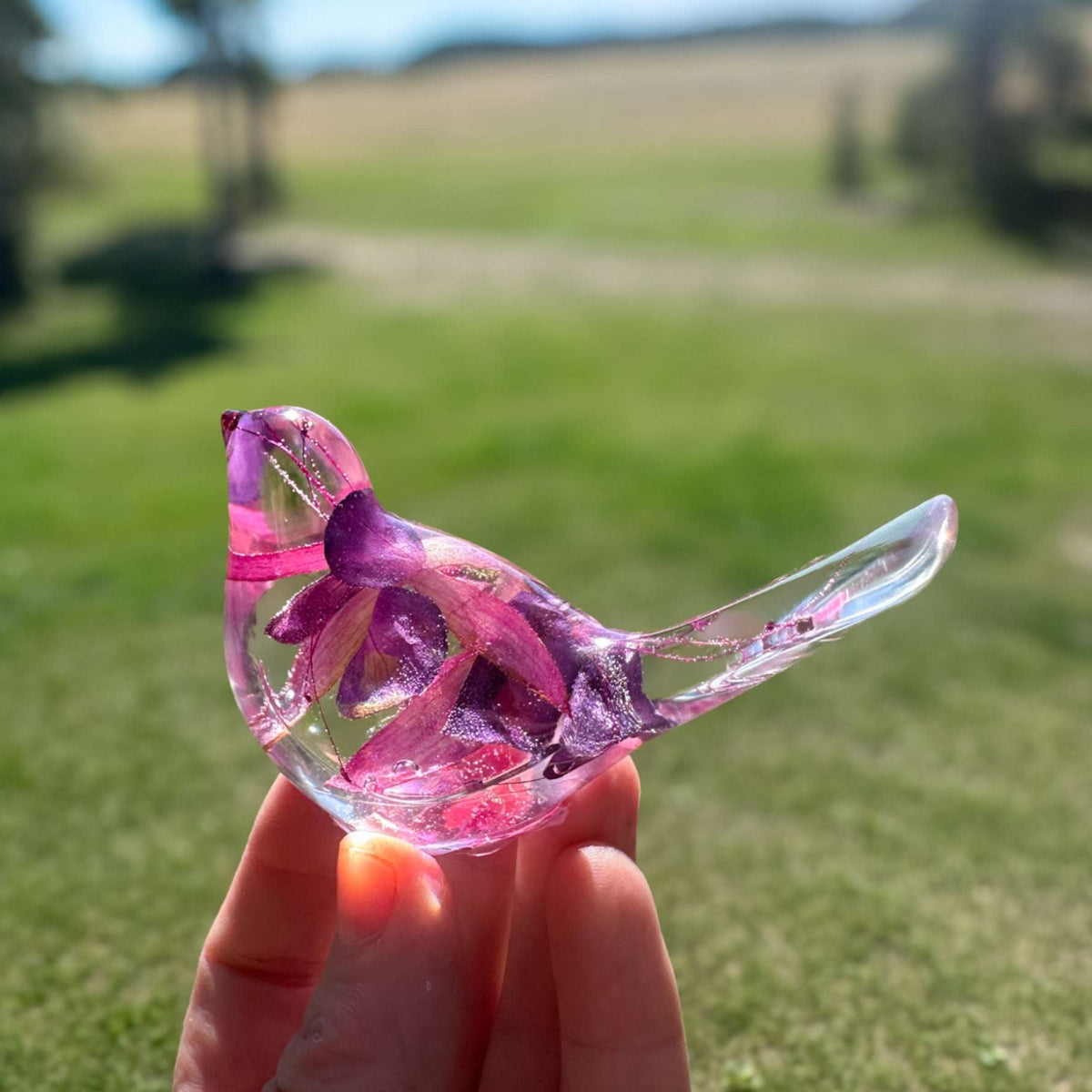 Fuchsia Floral Resin Bird - Handmade Bird with Real Fuchsia Flowers