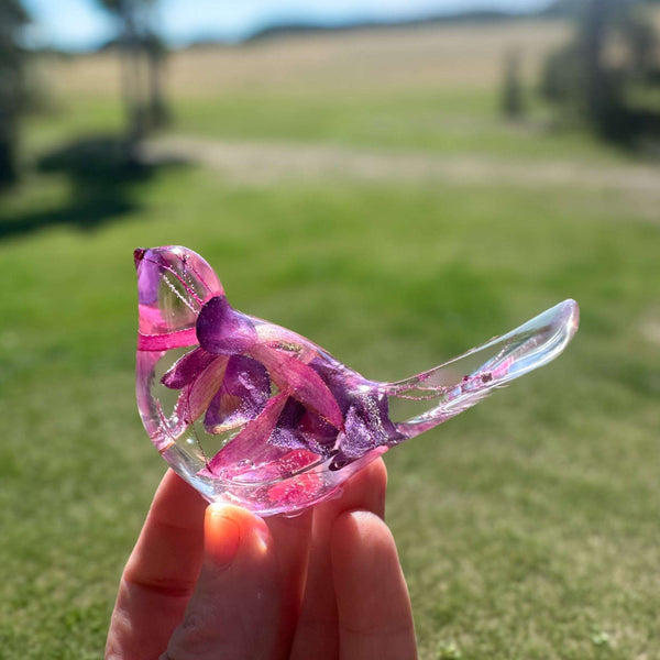 Fuchsia Floral Resin Bird - Handmade Bird with Real Fuchsia Flowers