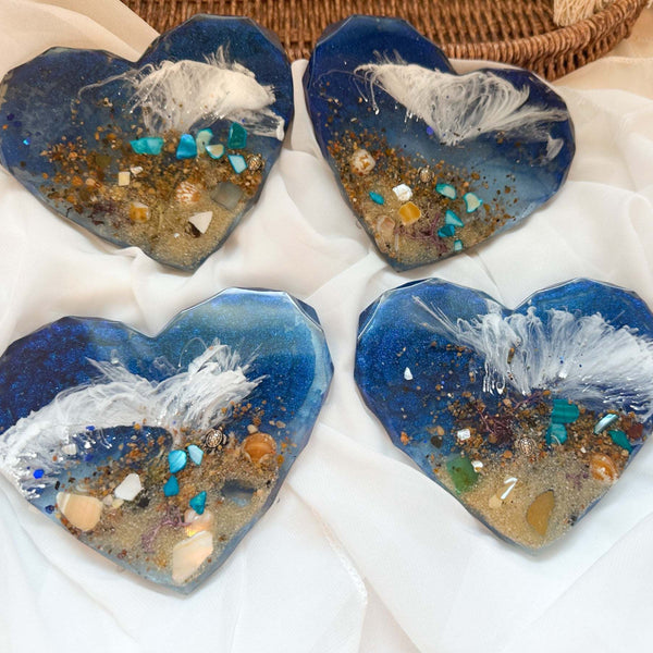 Hearts by the Shore - Handmade Ocean Wave Resin Heart Coaster Set