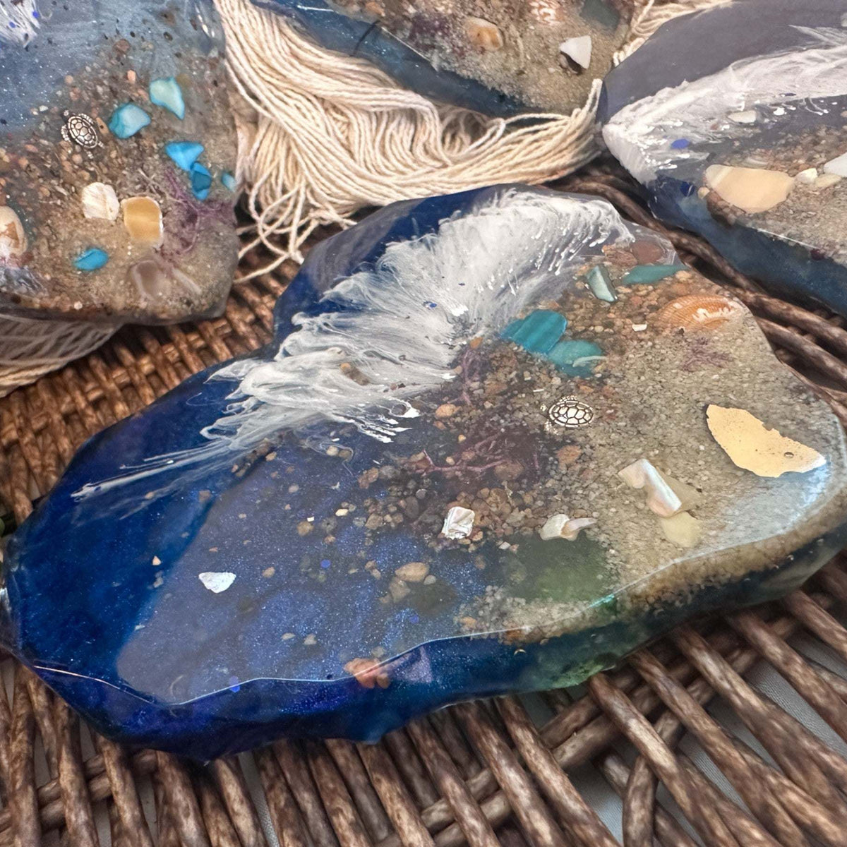 Hearts by the Shore - Handmade Ocean Wave Resin Heart Coaster Set