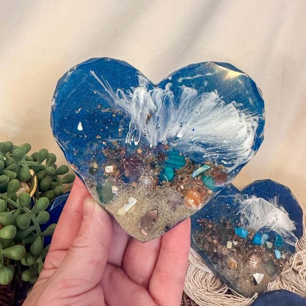 Hearts by the Shore - Handmade Ocean Wave Resin Heart Coaster Set