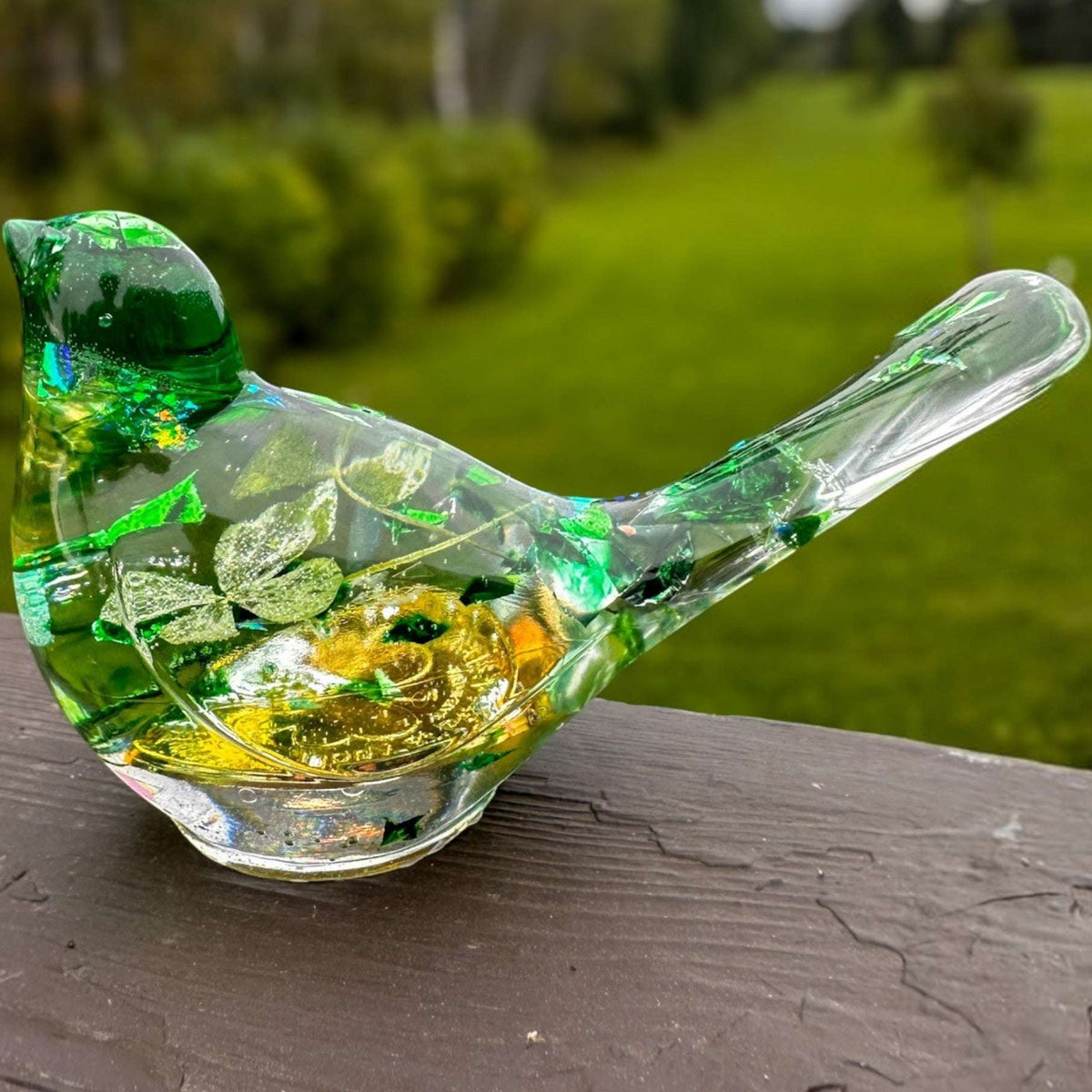 Lucky Four Leaf Clover Bird: Handmade Resin Bird with Four Leaf Clover